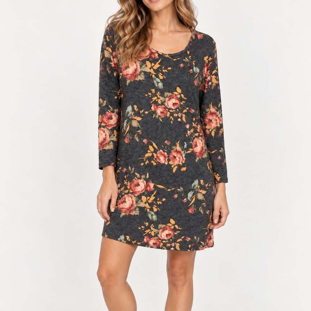 12 PM By Mon Ami Floral 3/4 Sleeve Mini Dress Charcoal Gray Orange Rose